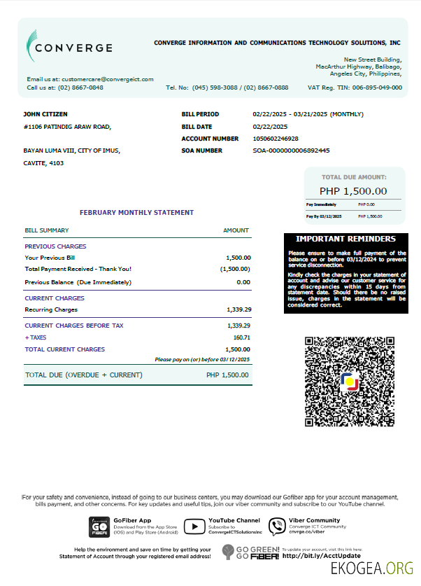 Philippines Converge utility bill template in Word and PDF formats